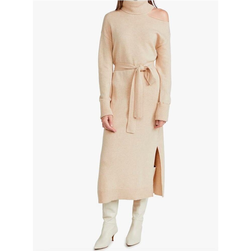 PAIGE Raundi Cutout Turtleneck Midi Wool Blend Dress In Camel Size Large 1603